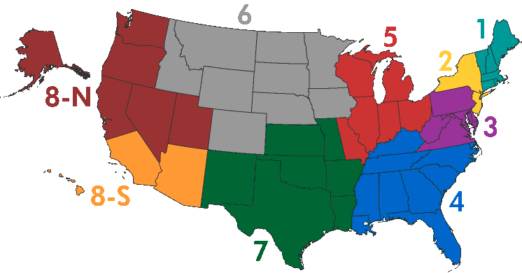 A map of the 9 U.S. regions of the Association.